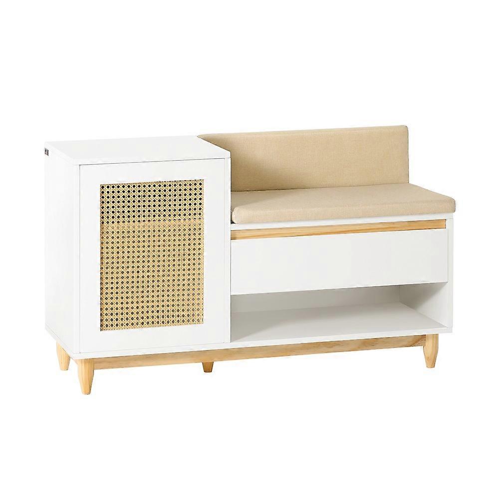 SoBuy FSR128-W,Shoe Storage Bench Shoe Rack with Cushion �C Large Capacity Entryway Cabinet with Adjustable Shelves & Rattan Door �C Ideal for Hallway