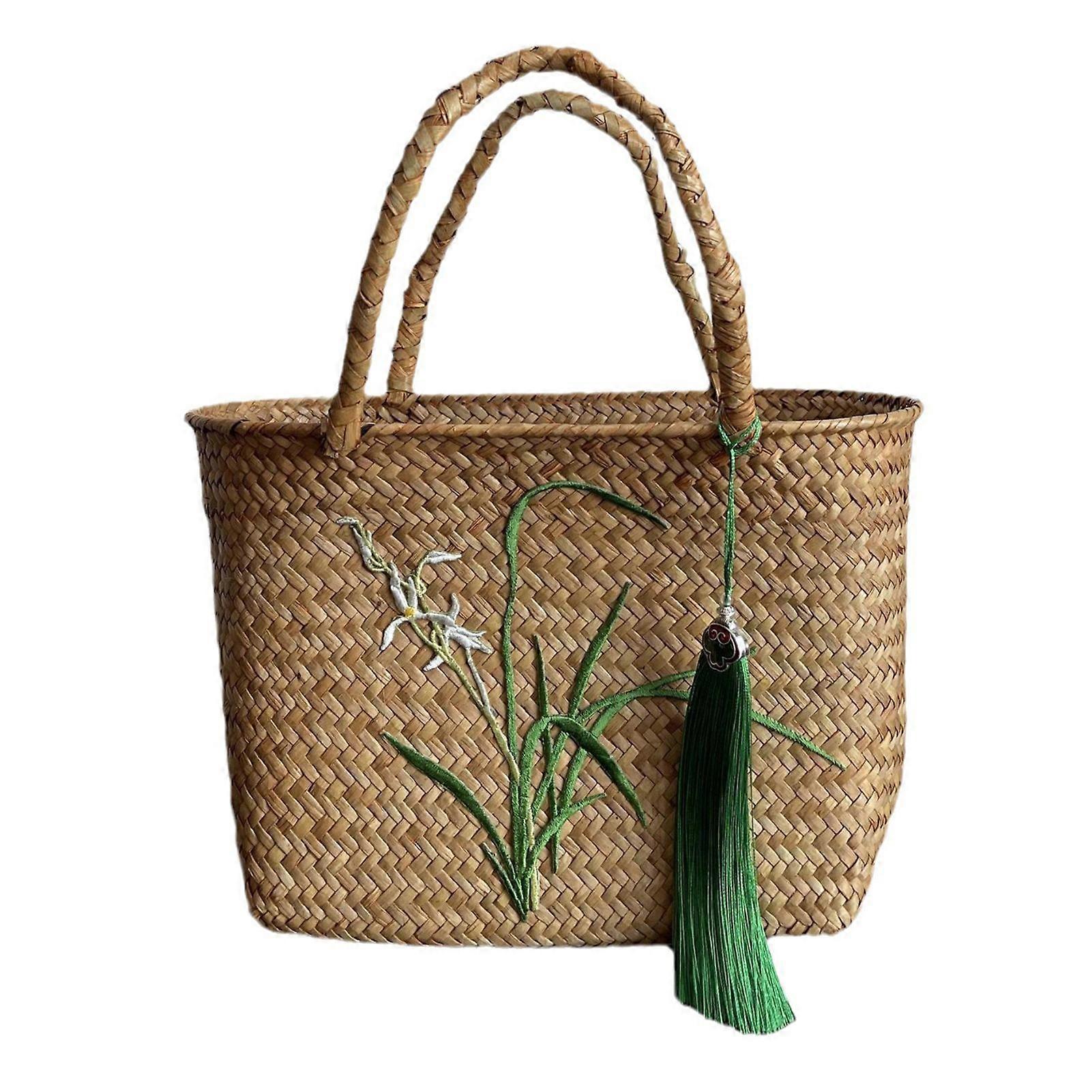 Jikaix Chinese Style Hand-Woven Basket Handheld Rattan Basket with Handle Fruit Food Vegetable Empty Storage Holder with Floral Pattern for Home Decor