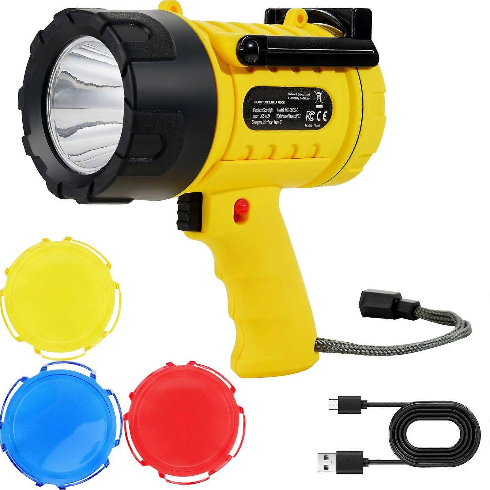 Rechargeable Spotlight Flashlight, 1000,000 Lumens, IP67 Waterproof Handheld LED Spot Light with 4 Modes Detachable Lens USB Port