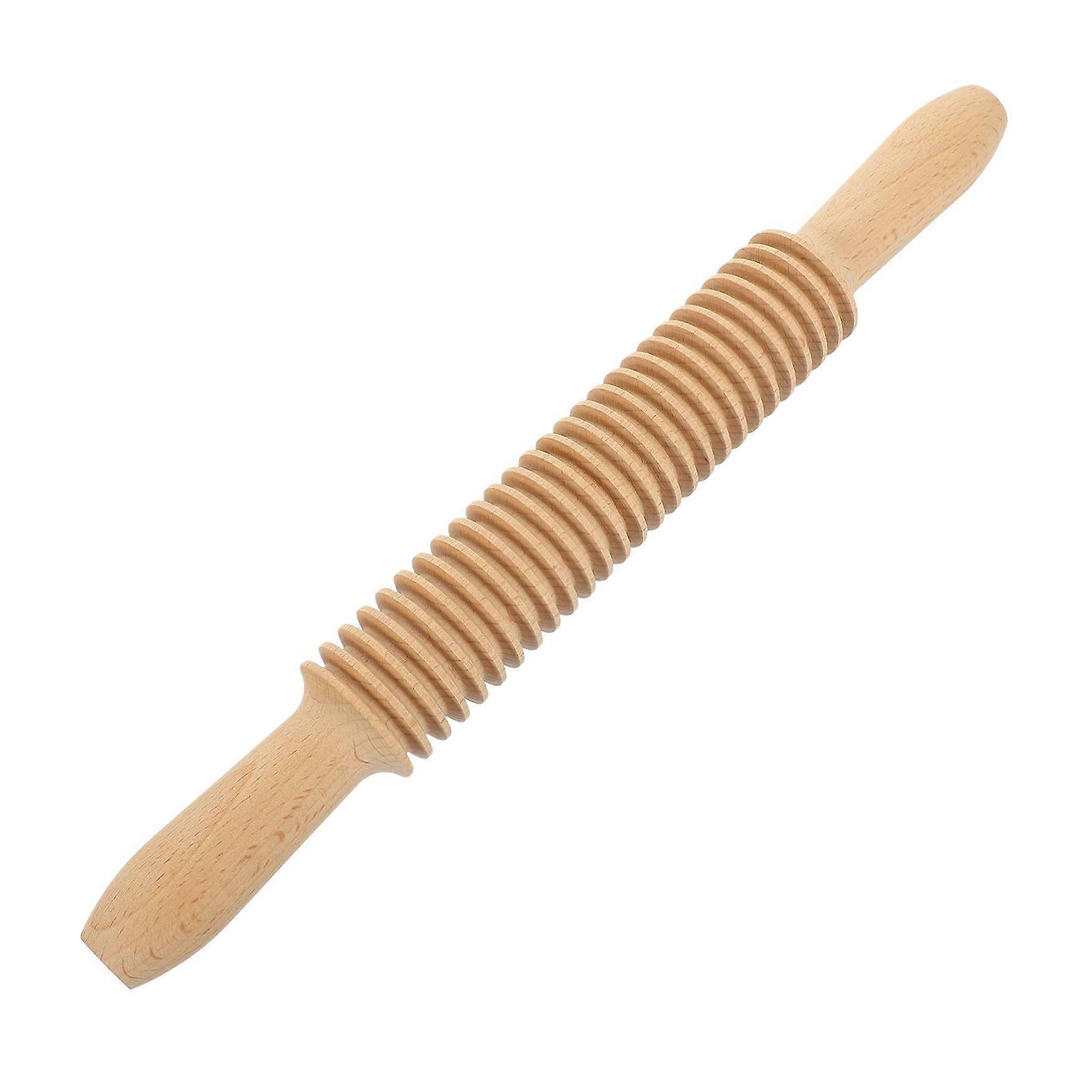 Wooden Spaghetti Pasta Roller with Grooved Surface and Dough Cutter for Baking Pizza Cookies