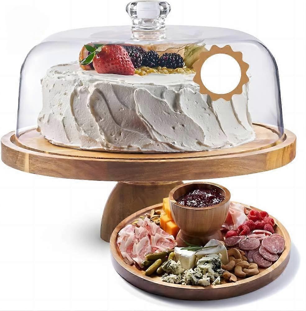 Acacia Wood Rotating Cake Stand with Crystal Clear Dome, 12 Inch Reversible Dessert and Cheese Board