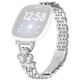 Zilveren metalen band met klavertjevier voor Fitbit Versa 4, 3 en Sense 2 horlogebandje met 7 glanzende kralen