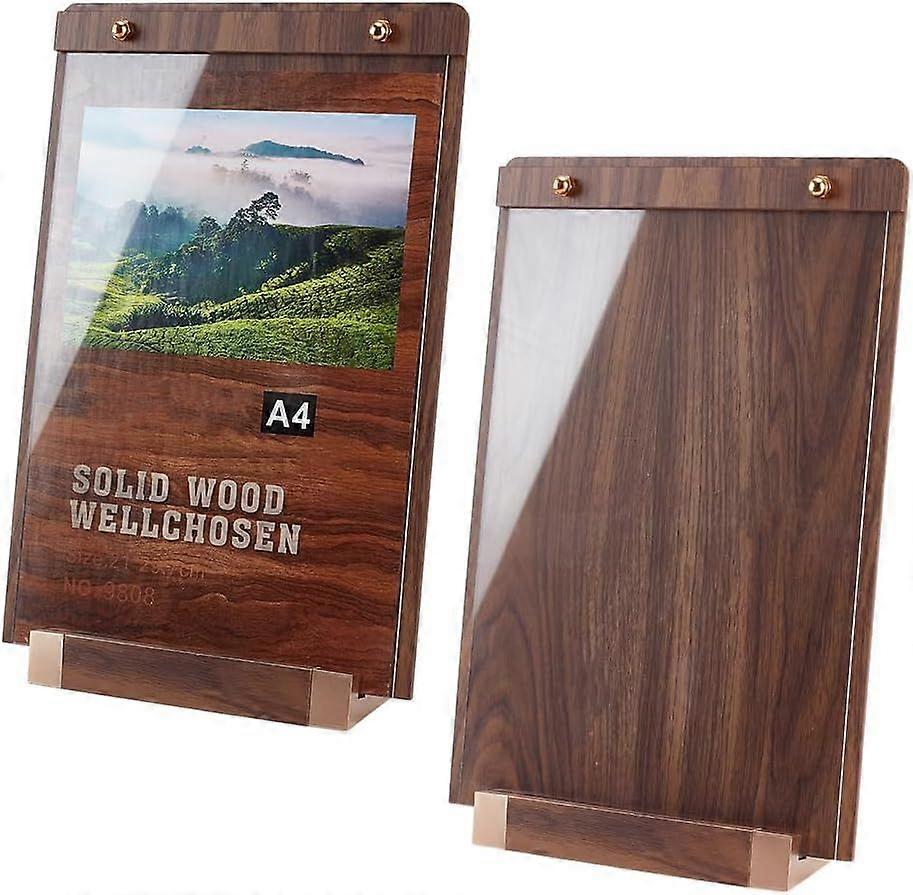 2 Sets Acrylic Sign Holder 8.9x13.6 Inch Tabletop Display Sign Holder Stand Up Sign Holders Rectangle Vertical Paper Holders with Wood Board for Store