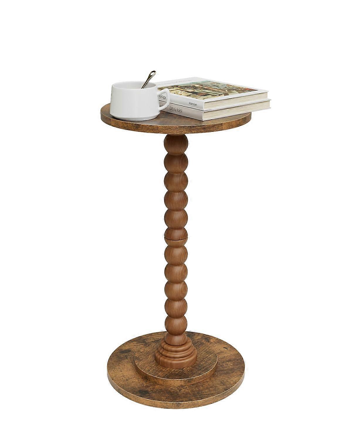 Round Side Table for Small Spaces, Rustic Brown Wooden Pedestal Accent Table with Durable