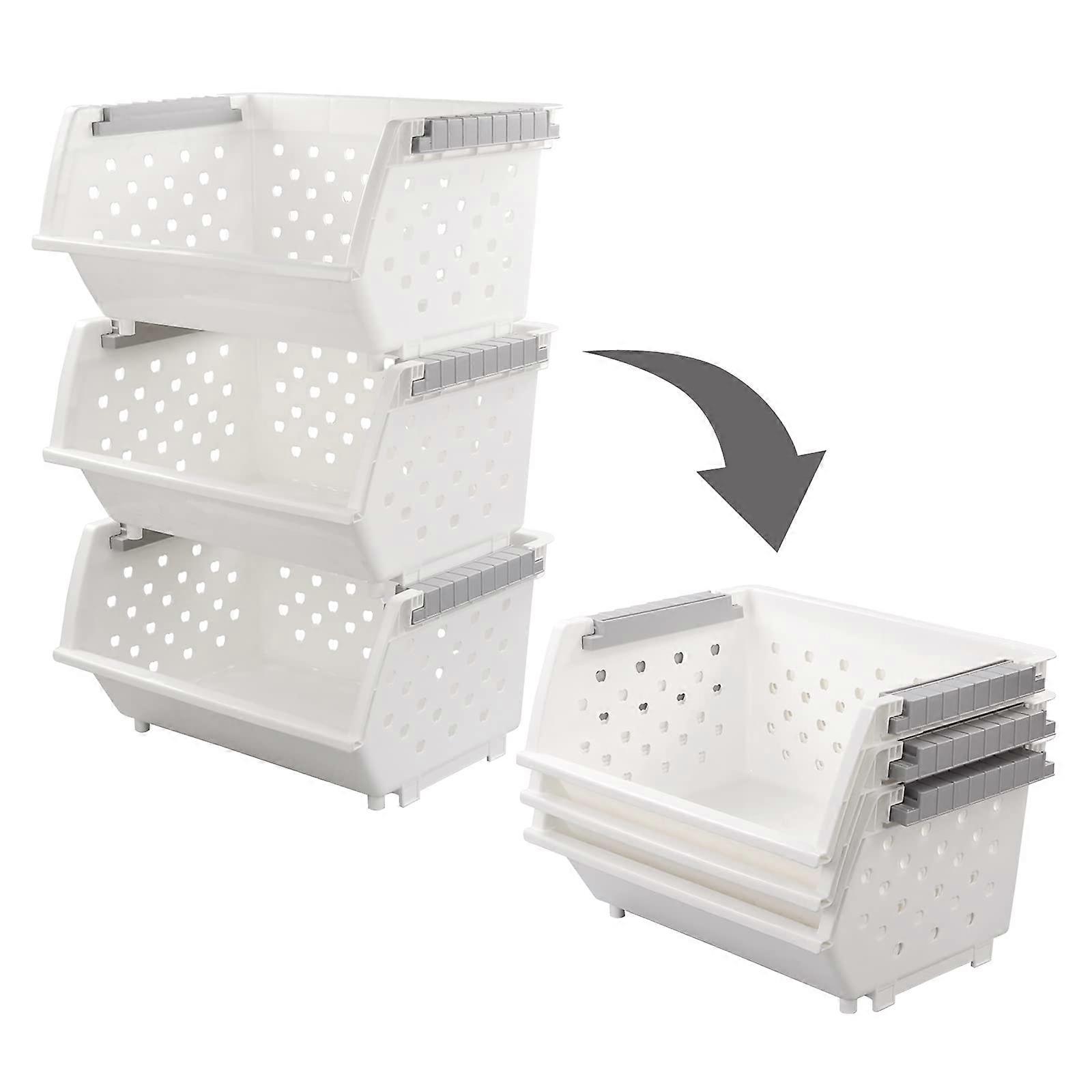 3 Pack Stackable Plastic Storage Baskets with Open Front, White Ventilated Bins for Kitchen Pantry