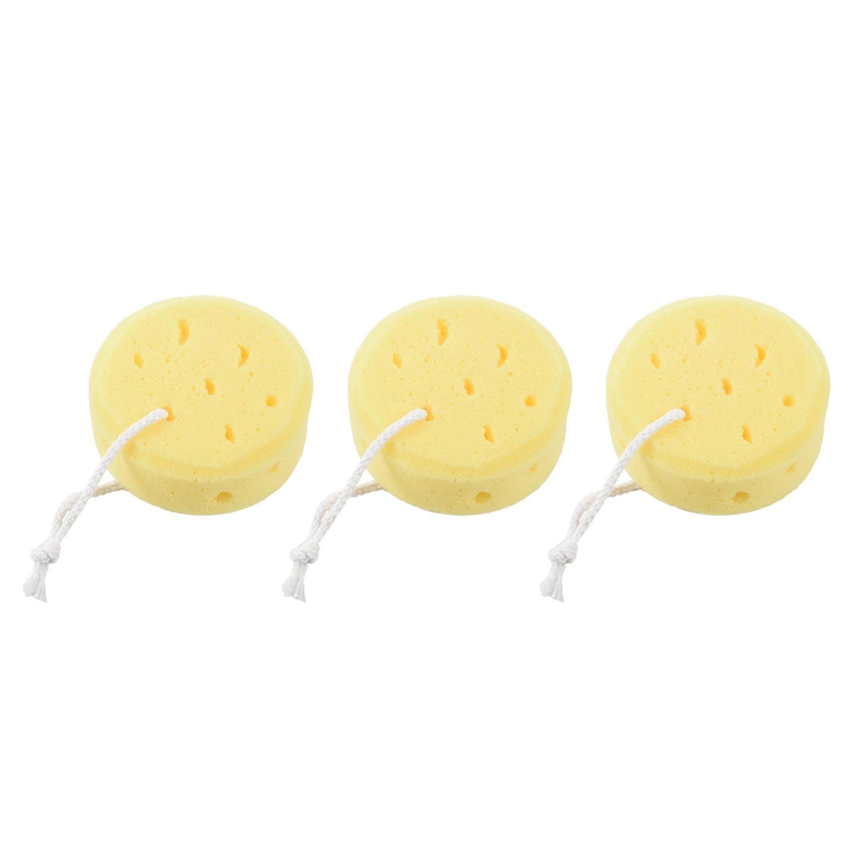 3X Yellow Round Bath Body Shower Soft Sponge with Hanging Loop