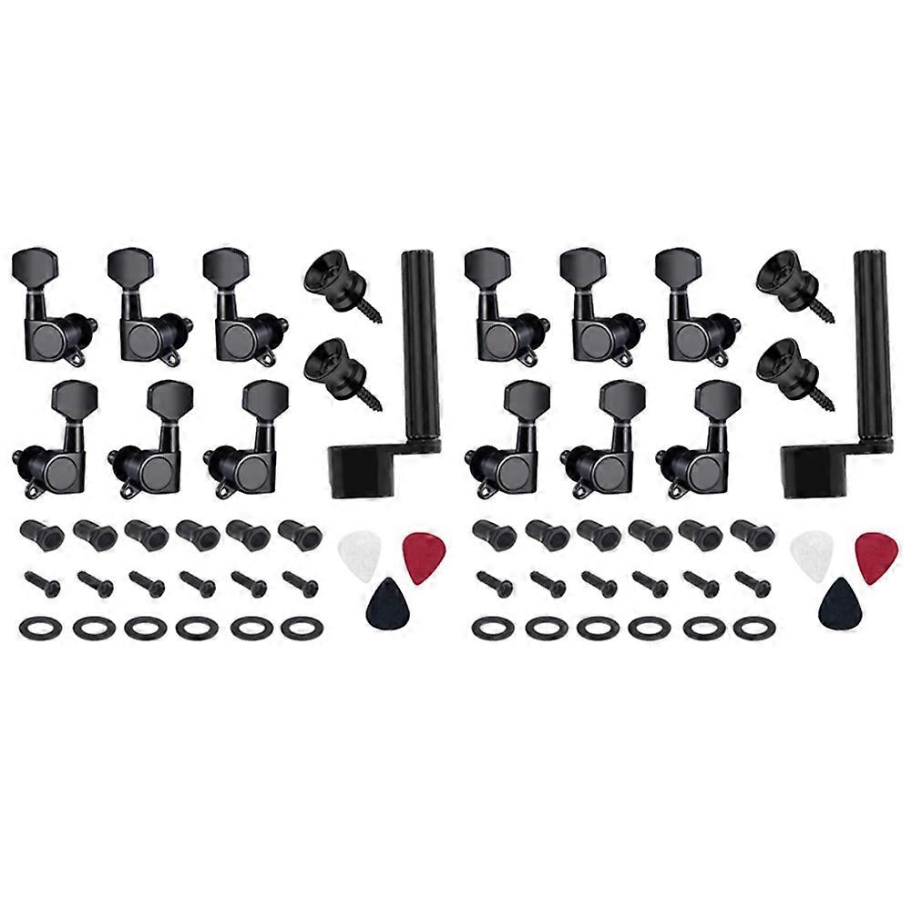 12 Pieces Guitar String Tuning Pegs Keys 6 Left 6 Right Guitar Machine Heads Knobs with Strap Button Locks Picks (Black)