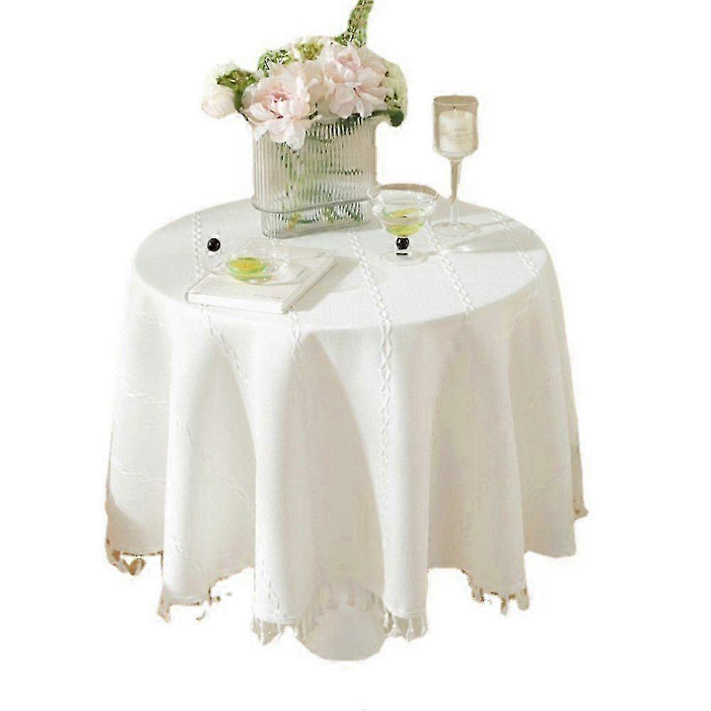 Round Tablecloth with Cotton-Linen Tassel Trim, White, 140cm Diameter
