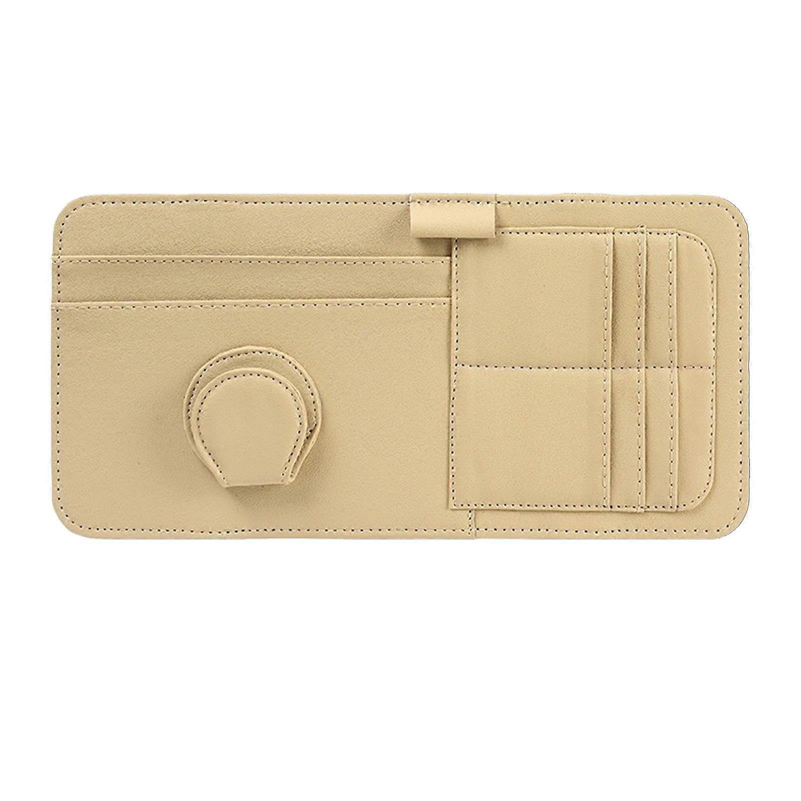 Car Visor Organizer PU Leather MultiPocket Storage Pouch for Glasses and Documents Beige