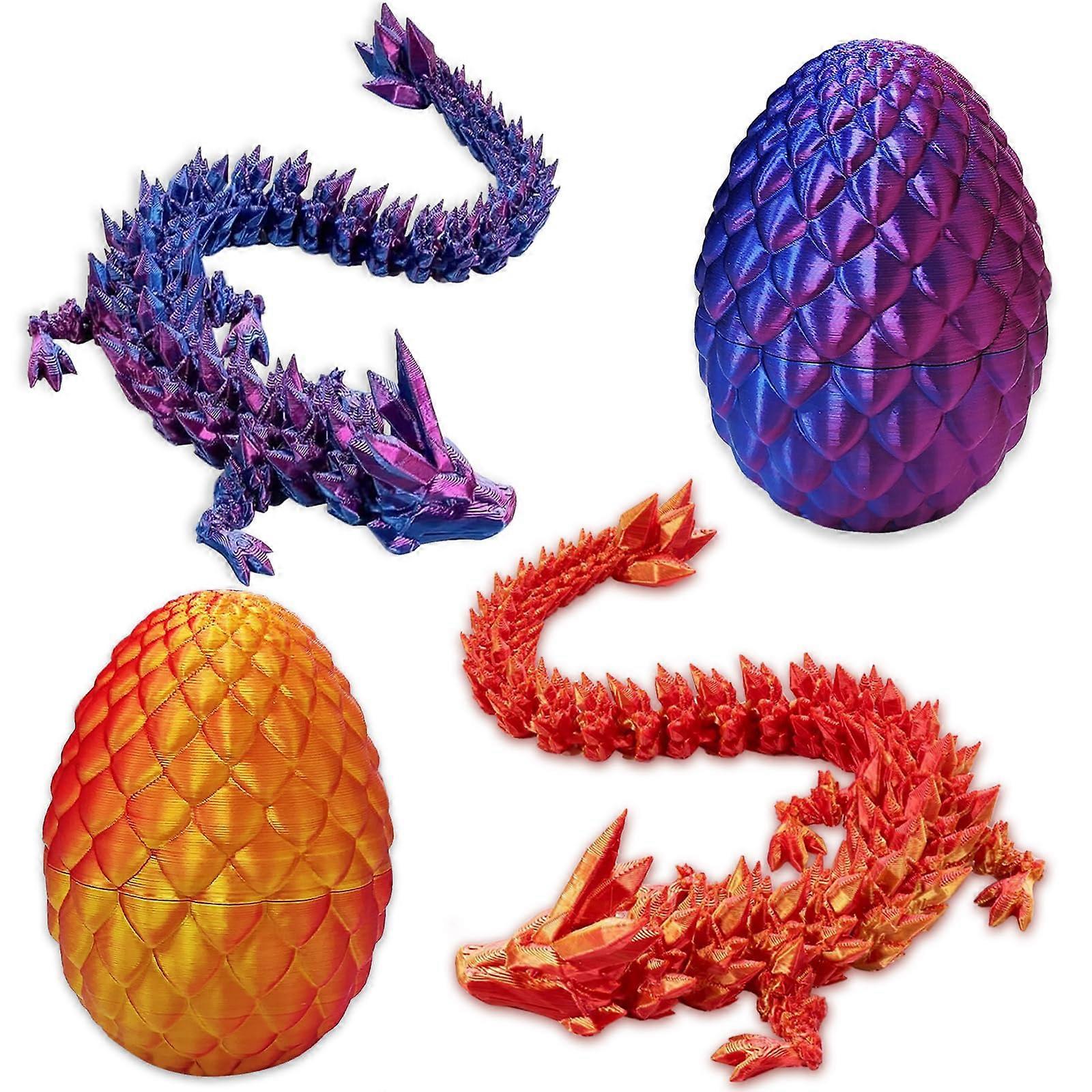 2Pcs 3D Printed Dragon Eggs with Articulated Poseable Crystal Dragons Inside, Collectible Easter Toy