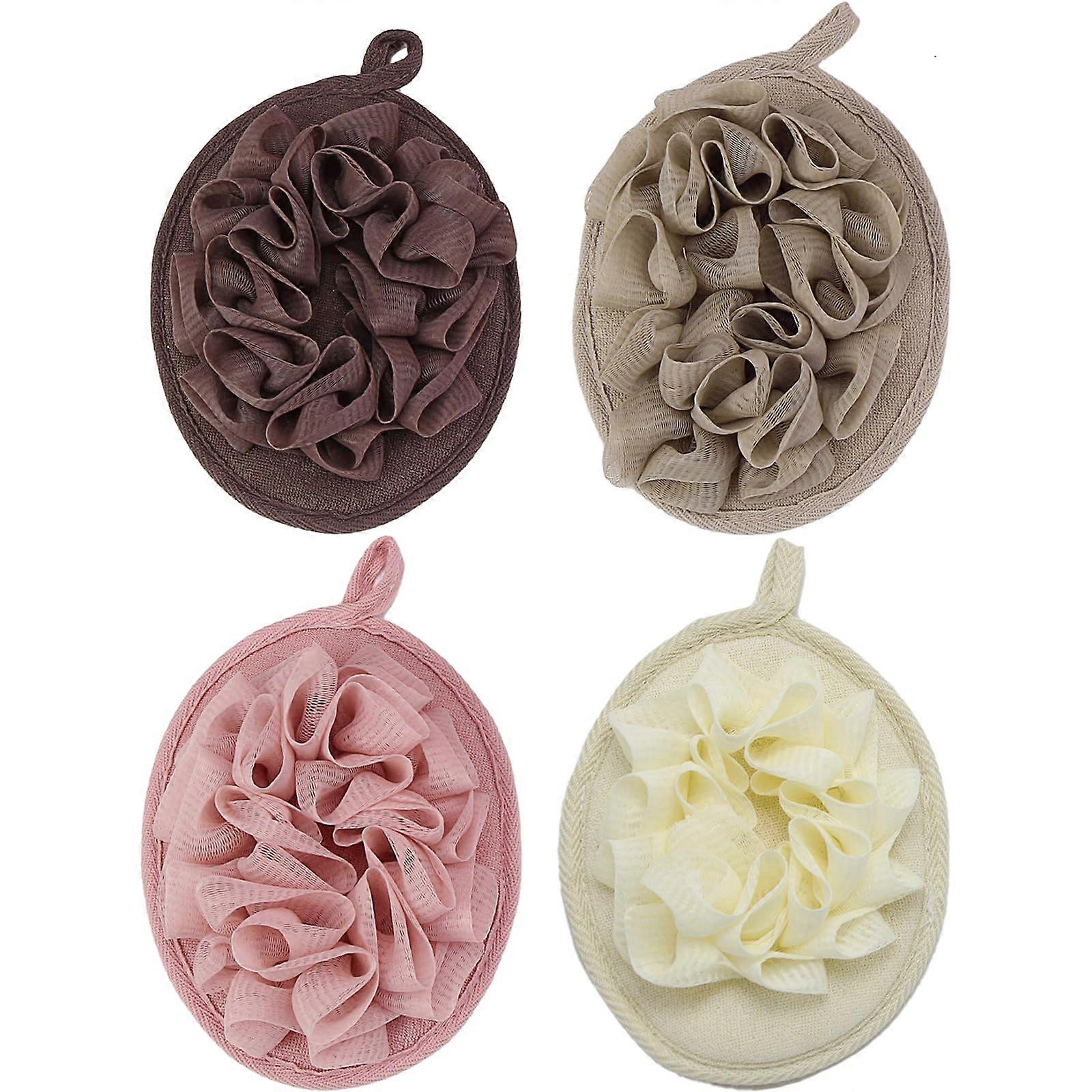 4PCS Exfoliating Bath Loofah Sponge Set with Soft Mesh Shower Pouf, Flower Design, ColorCoded