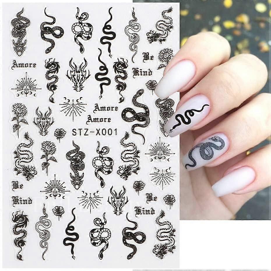 Press On Nail Tips Full Coverage Extensions with 3D Black Snake Dragon Nail Art Stickers