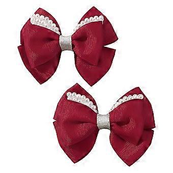 Burgundy Pearl Hair Bow Clips 4 Inch with Secure Alligator Grip for Women Valentines and Christmas