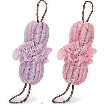 2 Stück Duschschwamm-Luffa, langer, dehnbarer Rückenschwamm zum Peelen des Rückens unter der Dusche für Damen und Herren – Rosa + Lila