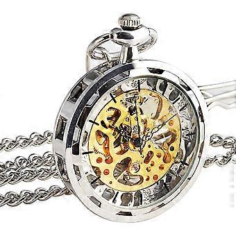 Taschenuhr - Open Face Silber Vintage Steampunk Skelett Sehen durch mechanische Kette