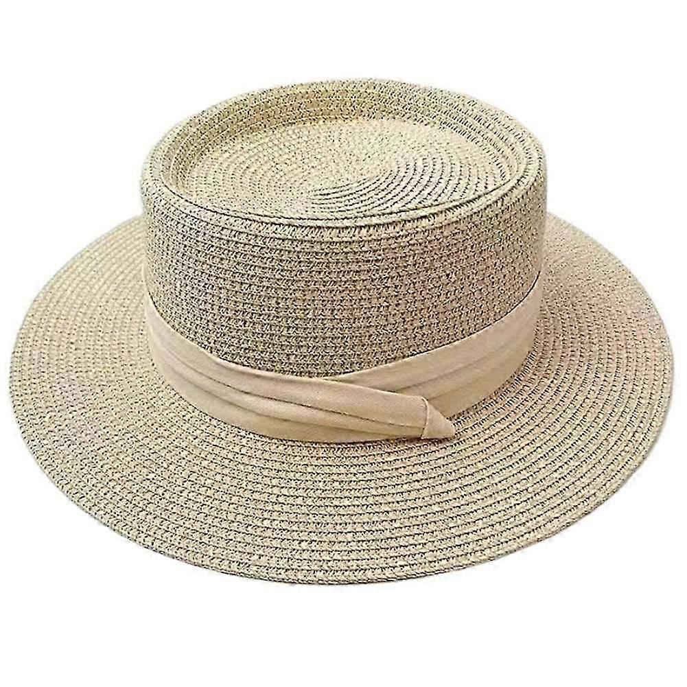 Flat-Top Straw Hat Wide Brim Sun Hat with Adjustable Drawstring nte