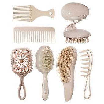 8pcs Wheat Straw Hair Brush And Comb Set, Scalp Massage Shampoo Brush, Hollow Hair Brush, Wide Tooth Smooth Comb, Fishbone Puff Comb, African-Style Cu