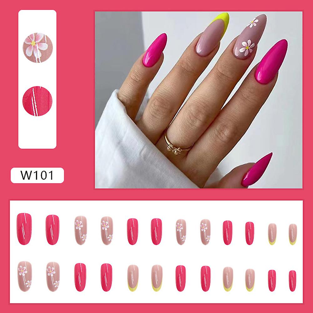 Flowers Decor Pink Long Fake Nails Durable & Never Splitting Com