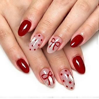 Wine Red Glues On False Nail Press Ons Cats Eye Artificial Stick On Nail with Bows Featuring a Reflective Finish and Matching Ribbon-and-Dot Artwork