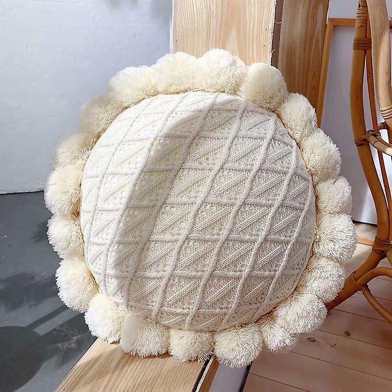 Boho Cushion with Tassels, Round Decorative Cushion for Bed and Sofa Cushions, for Indoors, Decorative Cushions with Filling, 50 CM, Beige
