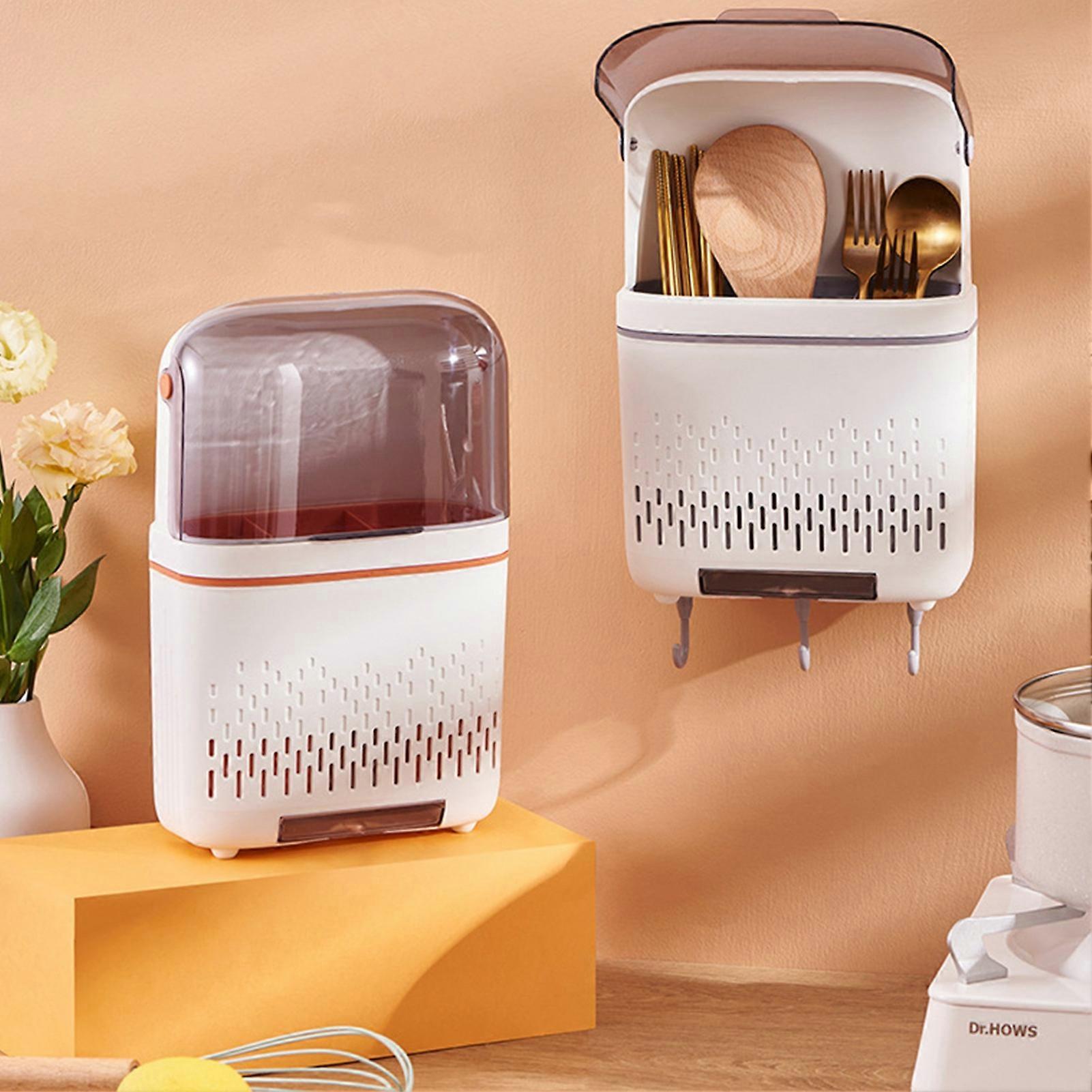 Kitchen Hanging Rack Rustproof Waterproof Compartmental Storage Cutlery Drainer with Cover White 