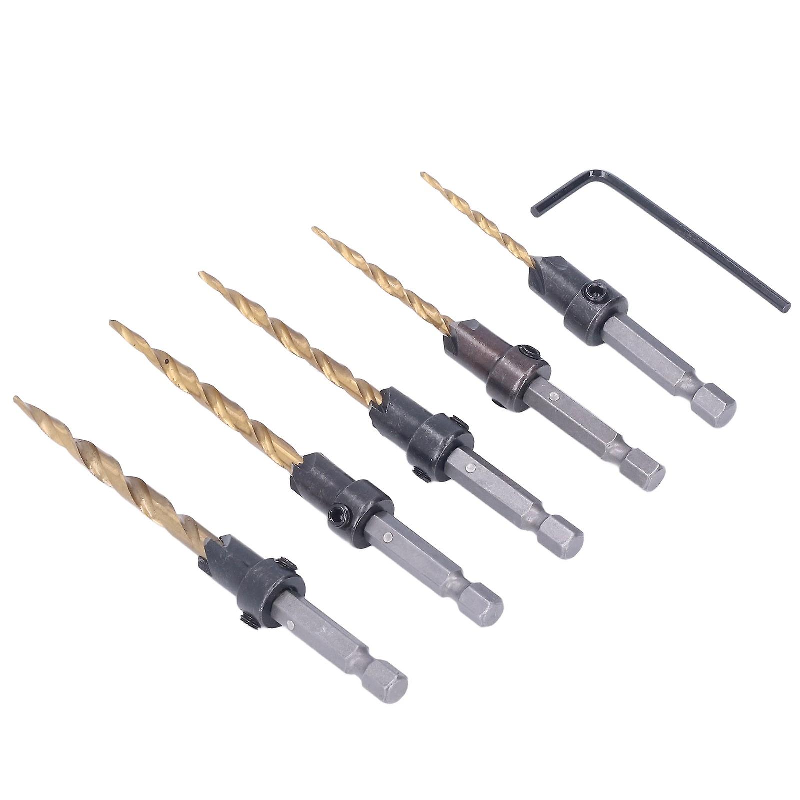 5Pcs Countersink Drill Bit Set Hex Shank Titanium Plated 7/64-7/32in