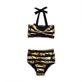 Veeki Infant Baby Girl Bikini Set Shiny Stripes Swimsuit Kids Halter Tops High Waist Shorts Bathing Suit Beachwear, 12-18 Months, Yellow