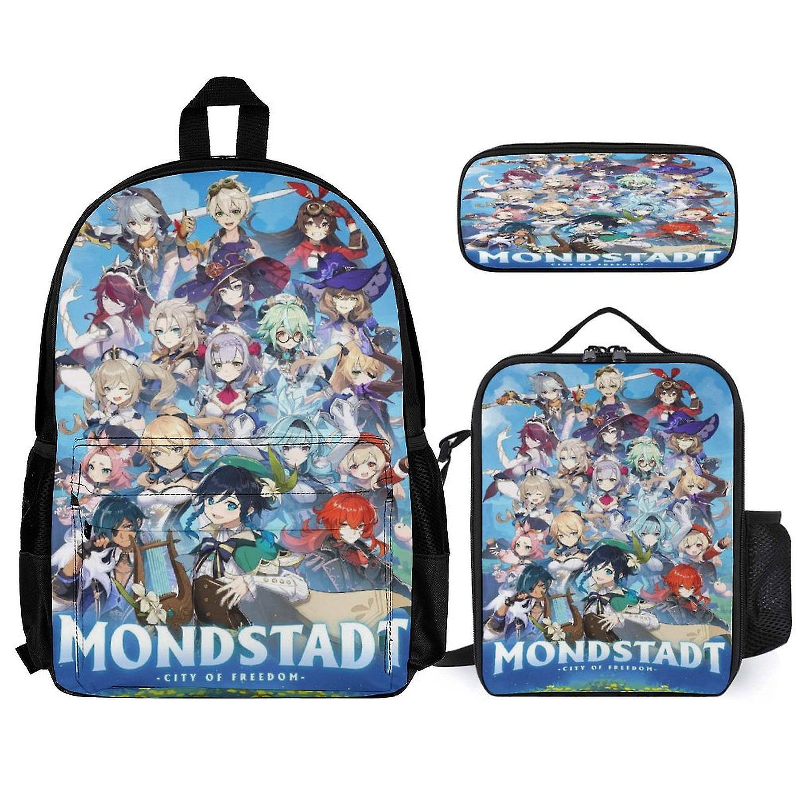 Genshin Impact Backpack 3 قطع مجموعة حقيبة ظهر للكمبيوتر المحمول مع مقلمة حقيبة غداء مختلطة