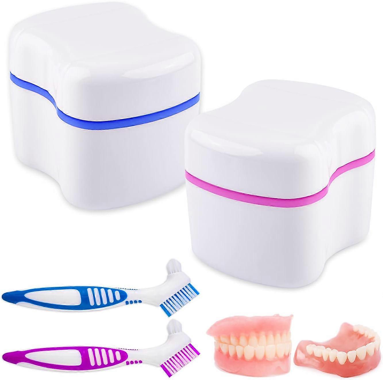 2 Denture Bath Case and 2 Denture Cleaner Brushes Retainer Denture Box,  Dentures Container with Bas