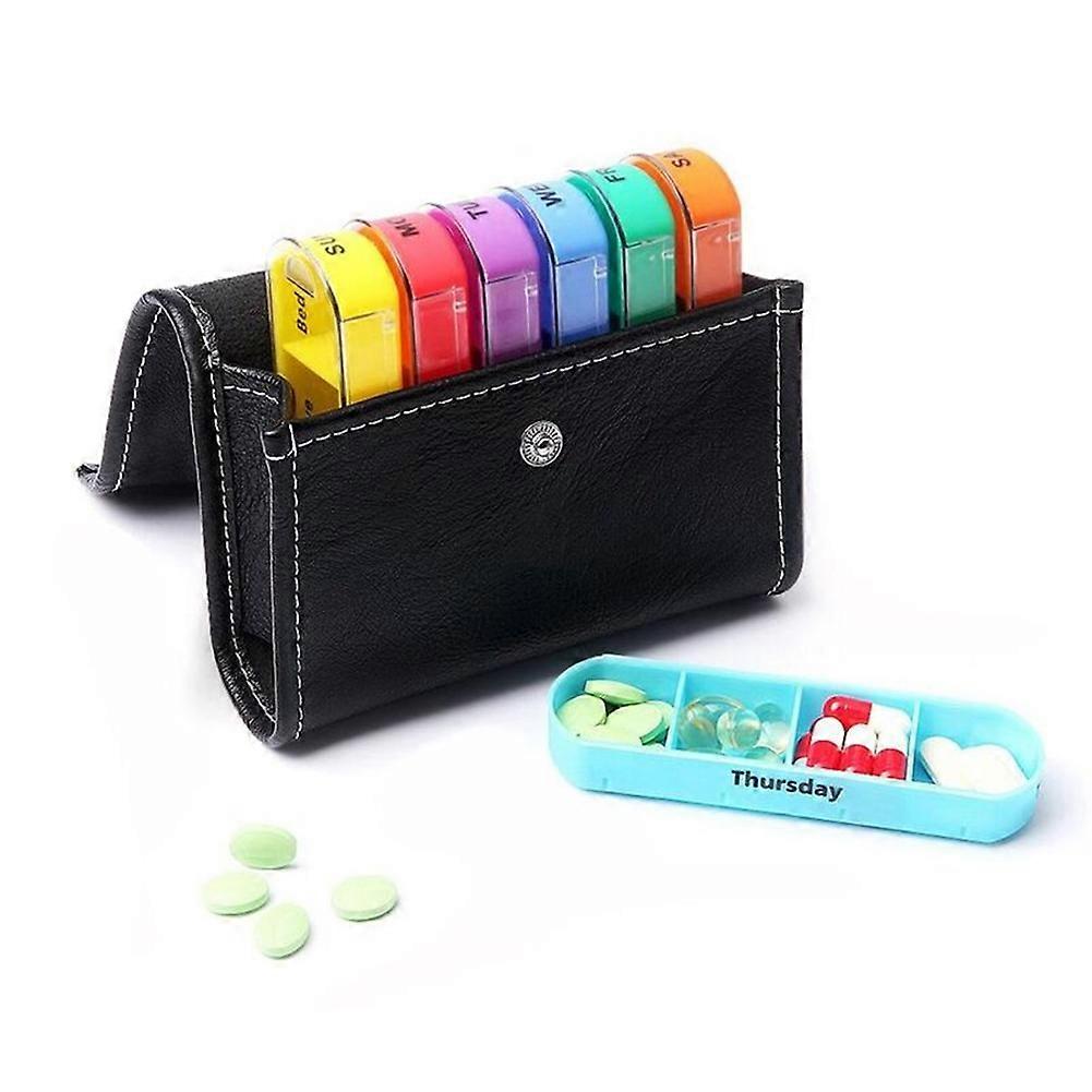 MULTIBPA-Free Pill Organizer Box Weekly Case Easy to Slide Durable Leather Pouch EK-New