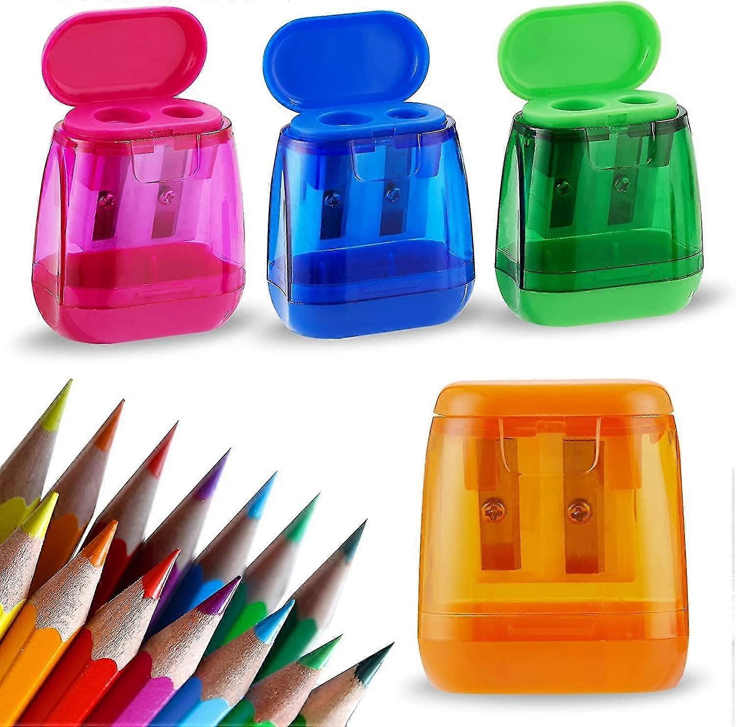 4 Pieces Sharpener Set, Red Blue Orange Green, Dual Hole Compact Color Handheld Kids Pencil Sharpene
