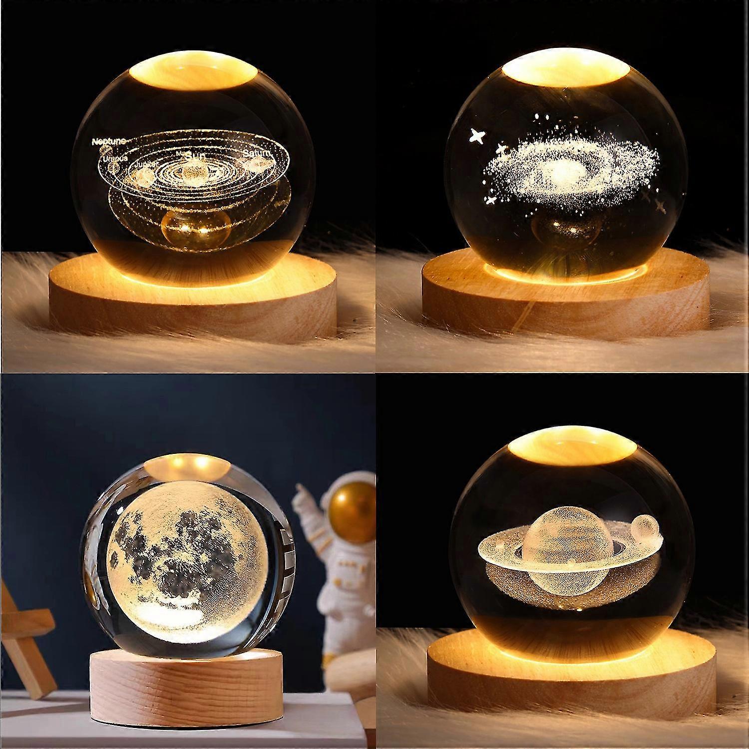 Luz noturna de bola de cristal com planetas 3D, bola de cristal com base de madeira, bola de cristal com planetas do sistema solar gravados em 3D, decoração para casa