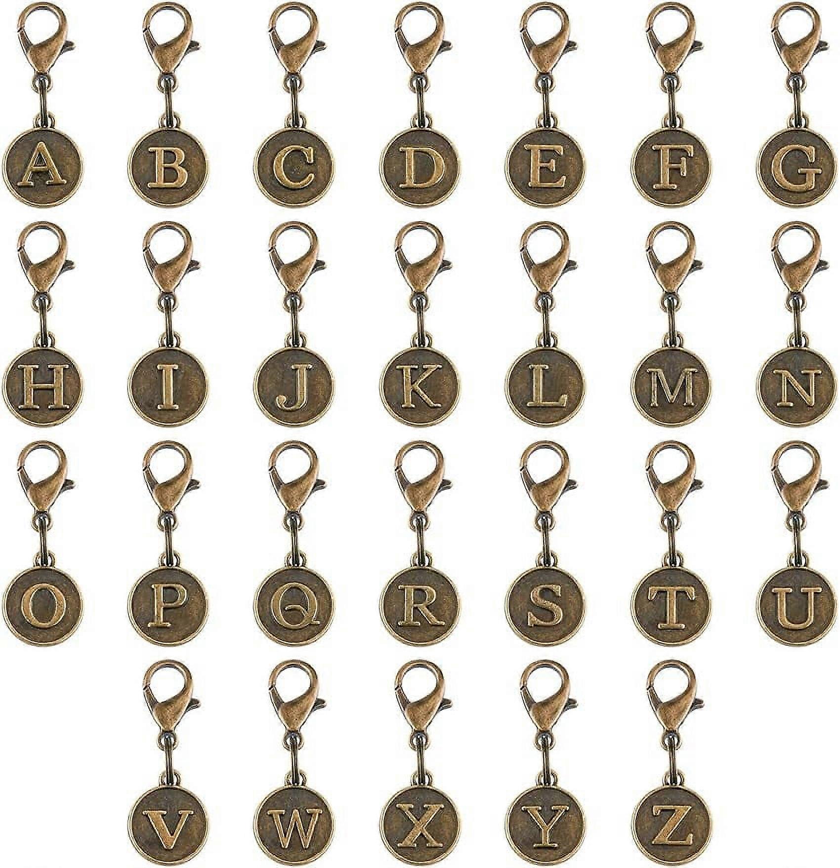 52pcs Clip On Charms 26 Letter Zipper Pulls Initials Tibetan Style Alloy Alphabet Pendant Decorations 32mm Antique Bronze Initial Alloy Clasp for Keyc