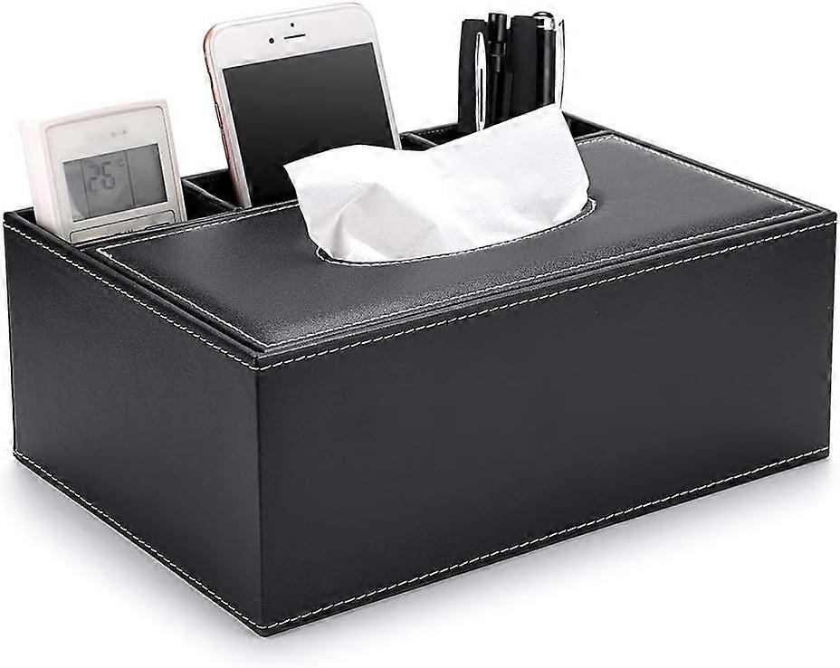 Leather Household Office Rectangular Tissue Box with Remote Control Storage Organizer Box(Bla MLN