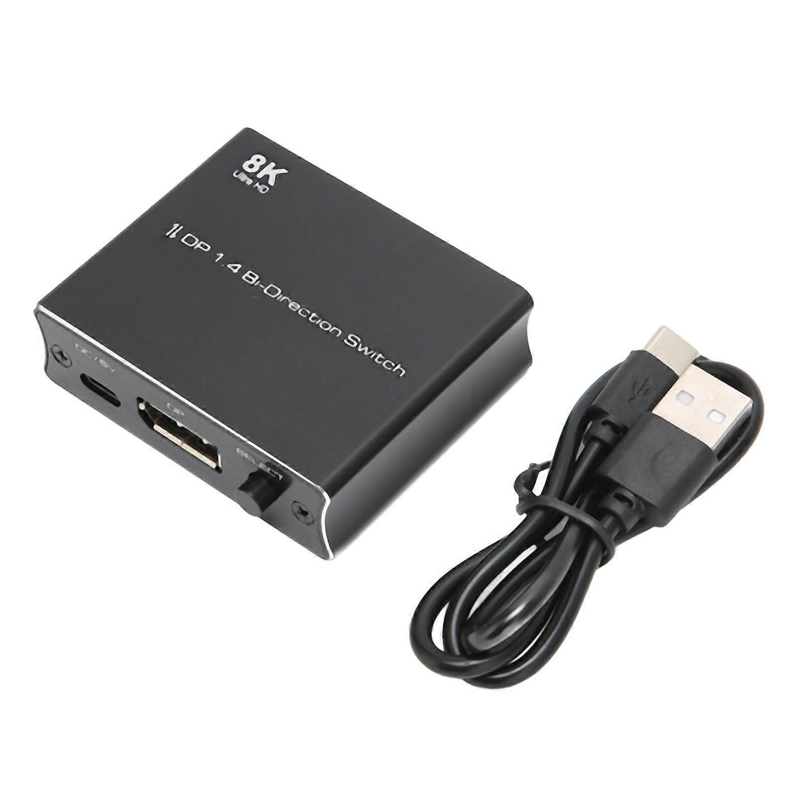 8K Displayport 1.4 2 Way Switch 1 in 2 Out Or 2 in 1 Out High Resolution Plug and Play Bidirectional DP Switch Black