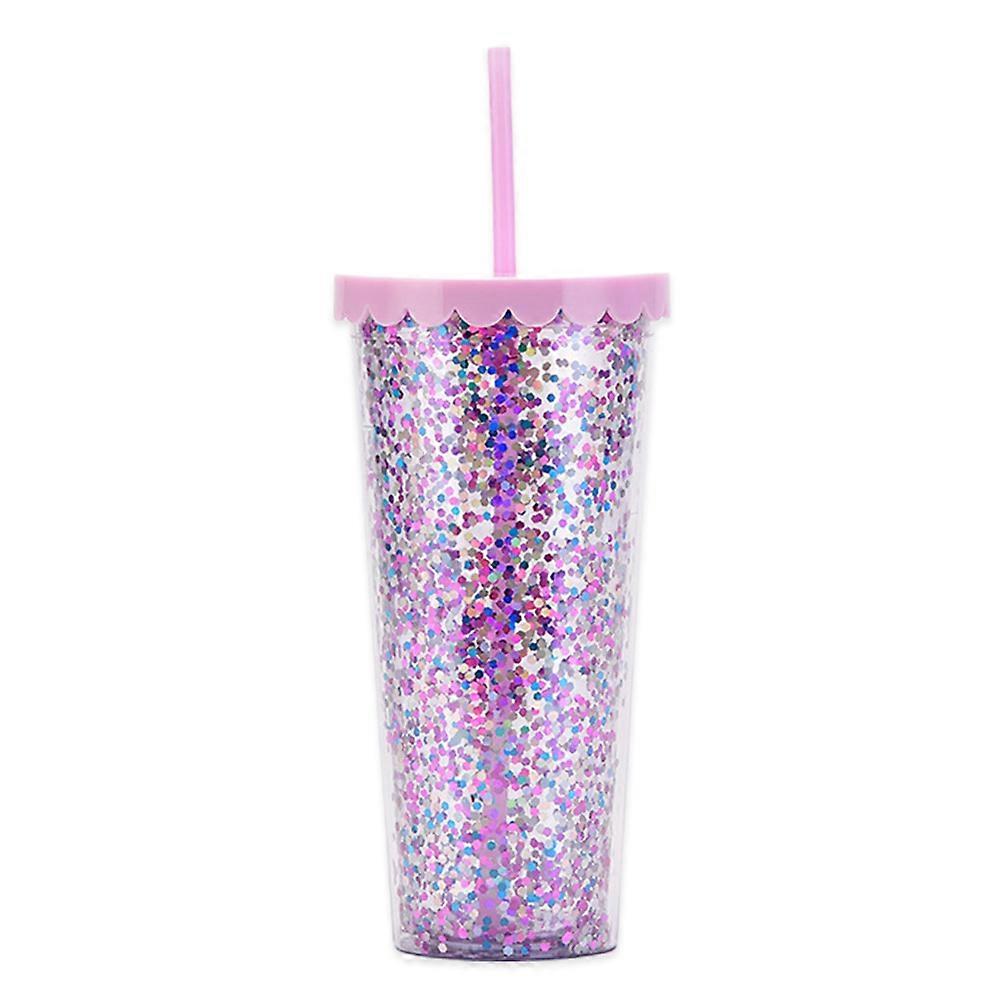 700ml double-layer plastic cup, simple transparent sequined glitter straw cup, large-capacity water cup