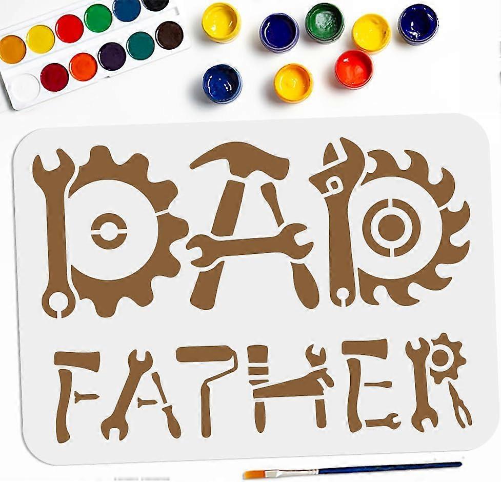 Father's Day Tools Stencil 11.78.3inch Father Dad Word Template with Paint Brush Gear Roller Father Hardware Tools Drawing Stencil for DIY Projects Cr