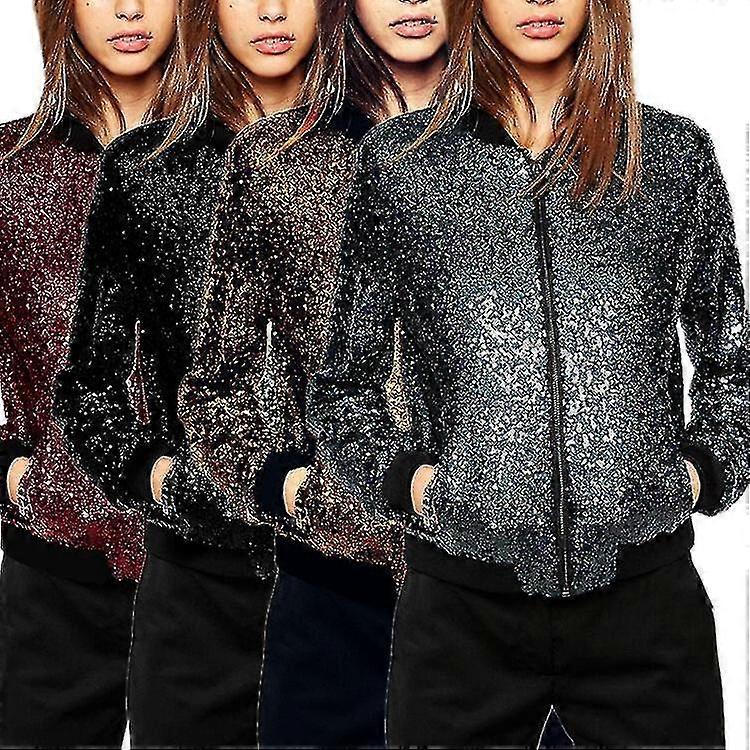 Women's Sequins Casual Jacket Party Bomber Zipper Coat