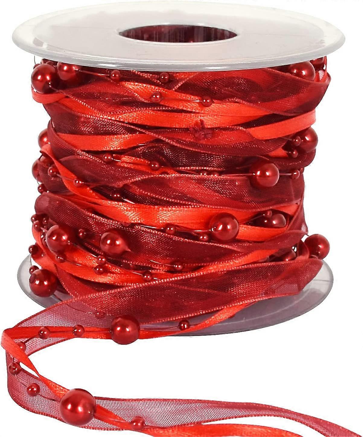 11 Yards Red Beads Chain Ribbon Artificial Pearls String Beads Sheer Chiffon Satin 3 Strings Style for Garland Wedding Party Crafts Decoration Gift Wr