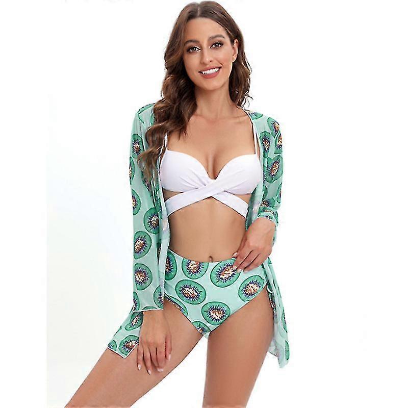 Női 3 részes bikini felső fürdőruha virágmintás, magas derekú fürdőruha fürdőruha kimonó fedéssel