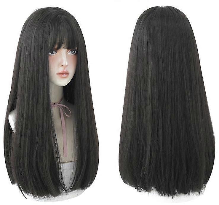 Long Black Straight Hair Wig with Bangs Synthetic High Density Long Hair