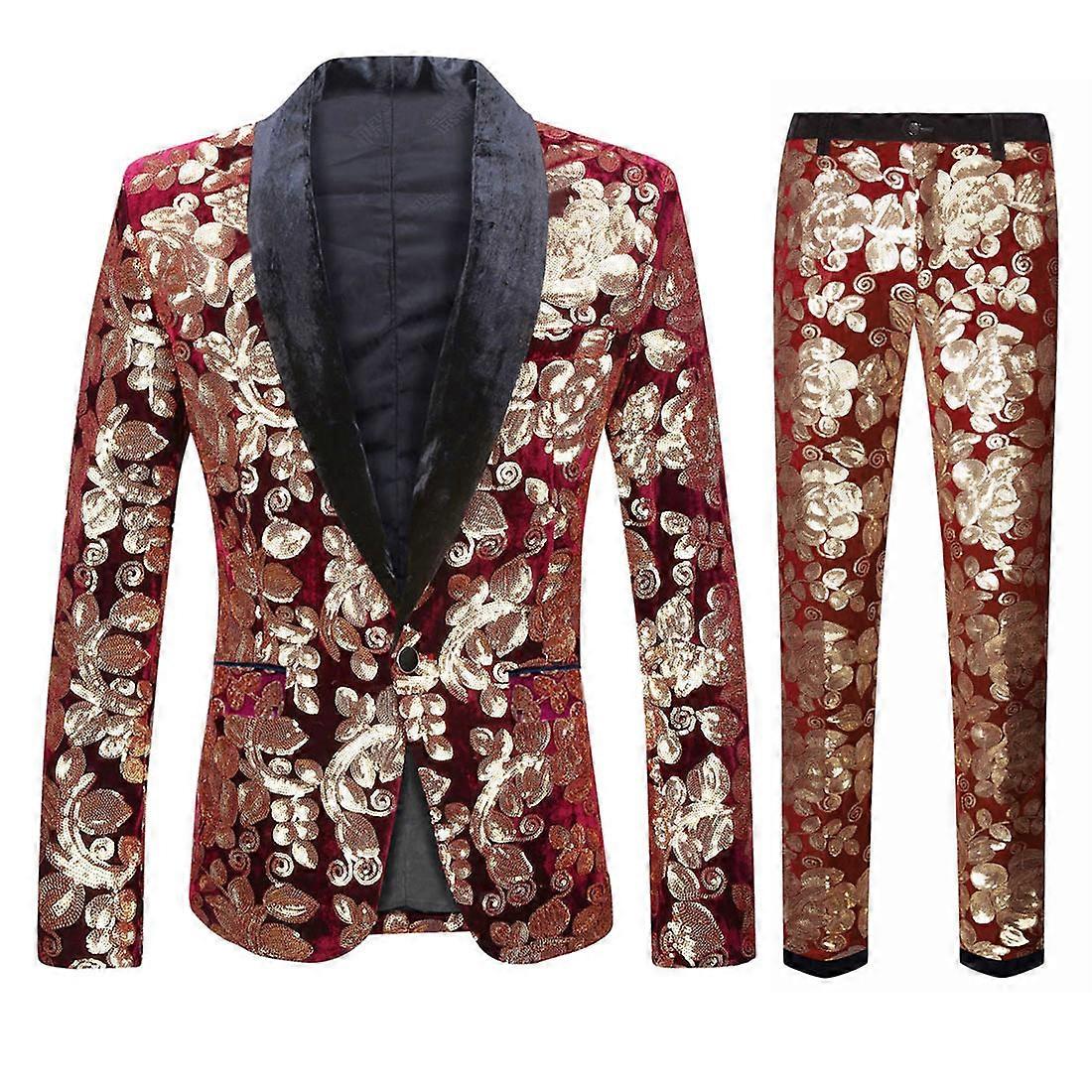 Men's English style suit red velvet gold sequins slim suit