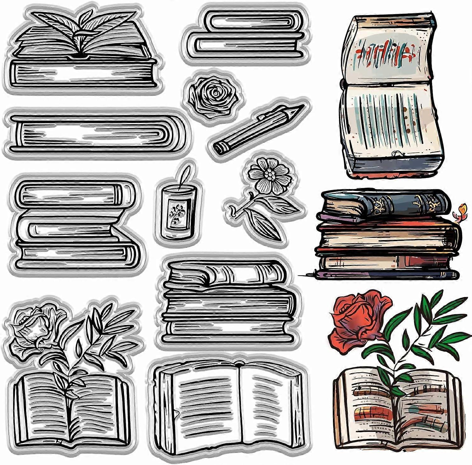 Book Clear Stamp Silicone Rubber Stamps Reading Books Reader Bookshelf Bookcase Reusable Background Seal Stamps for Library Cards Scrapbooking Journal