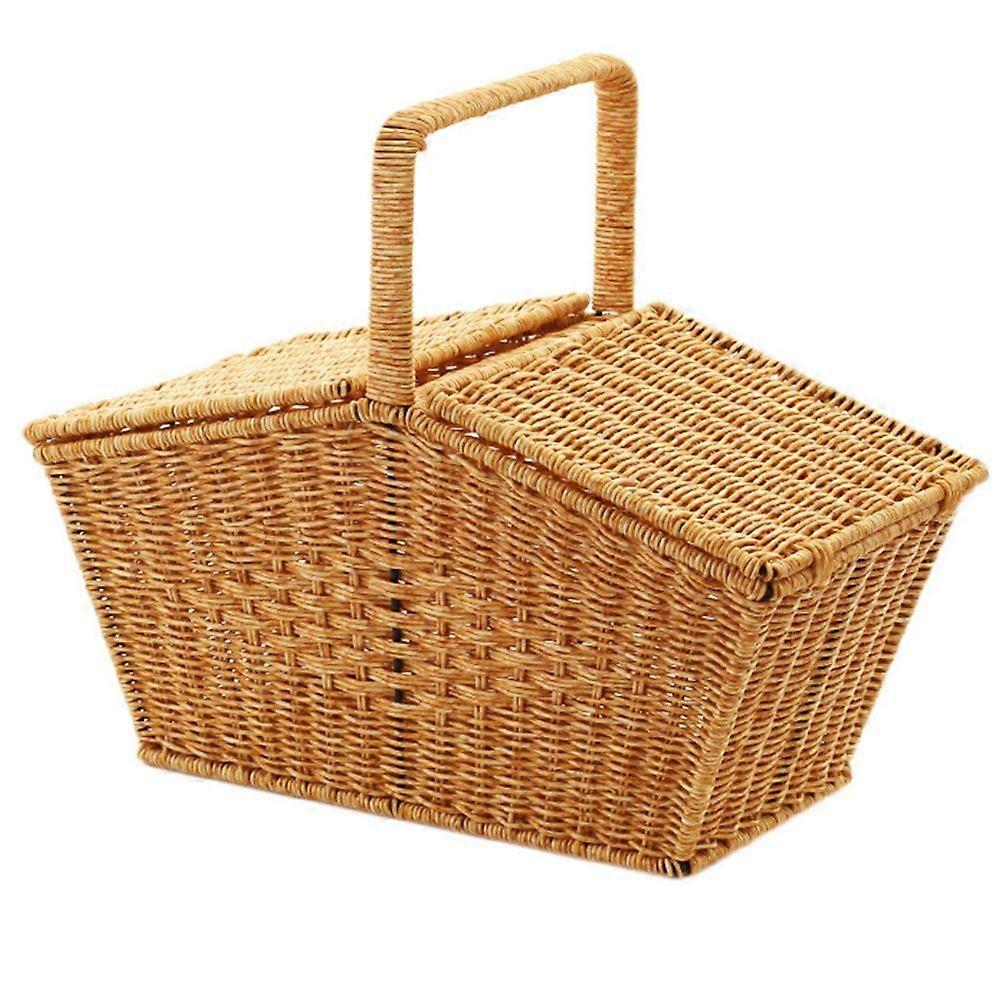 Pastoral Style Hand Basket with Lid Imitation Rattan Woven Picnic Basket Fruit Snacks Sundries Stor