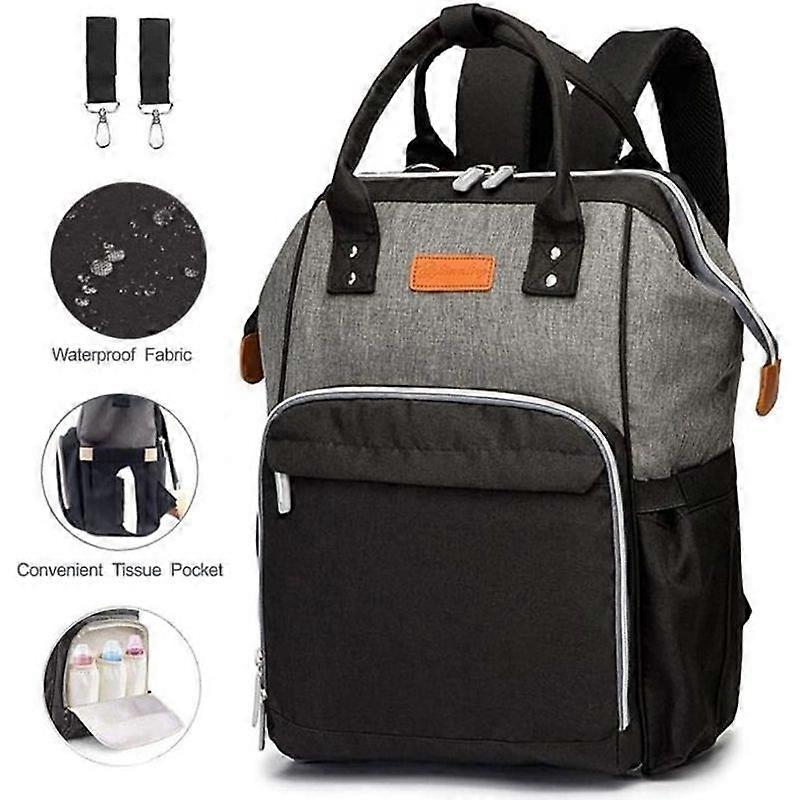 Waterproof Diaper Backpack Baby Travel Bag Large Capacity Nappy Bag with Stroller Hooks Black and Grey