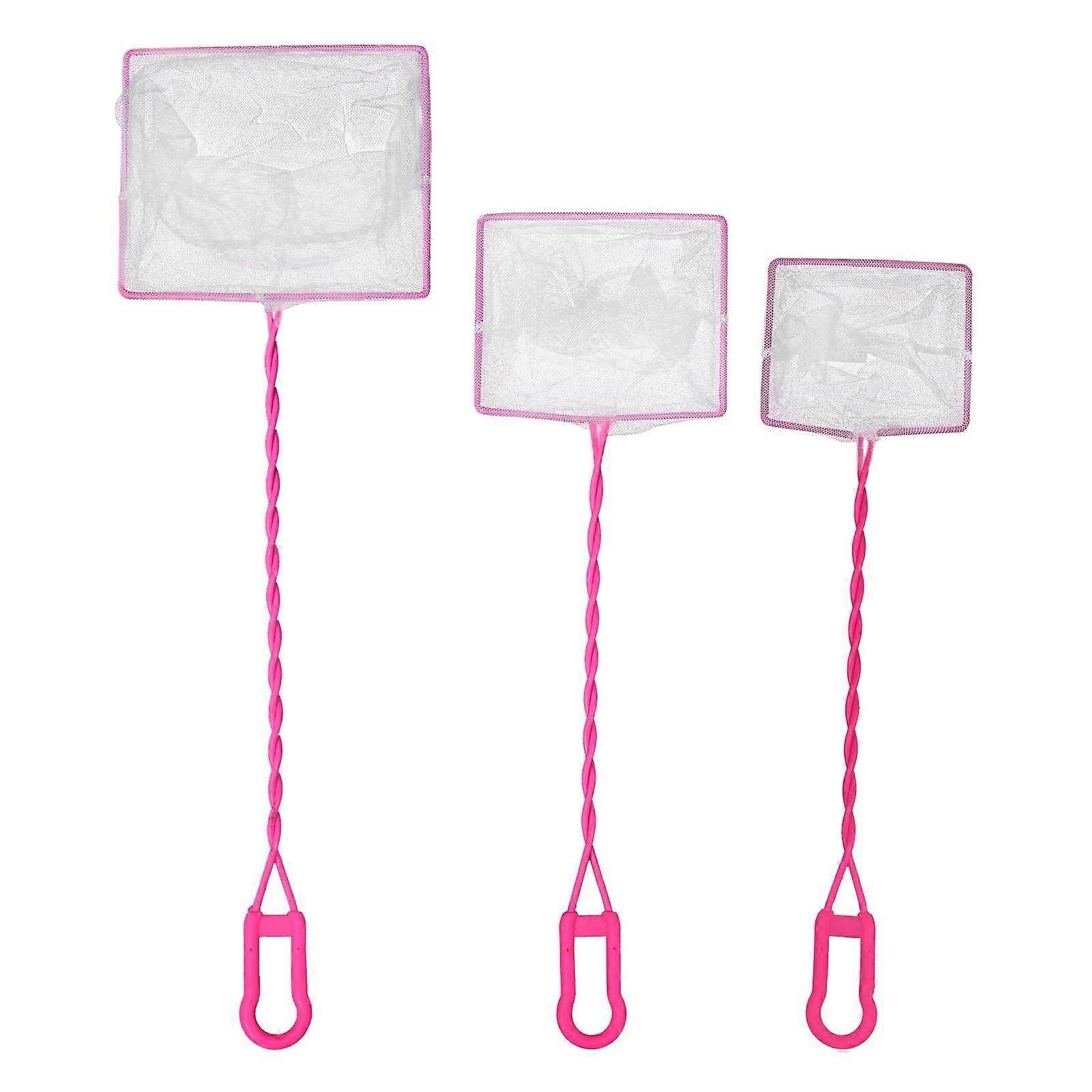 3 Pcs Practical Handheld Scoop Net Long Plastic Handle Fine Mesh Net Fishing Net for Aquarium Fish Tank (Pink)