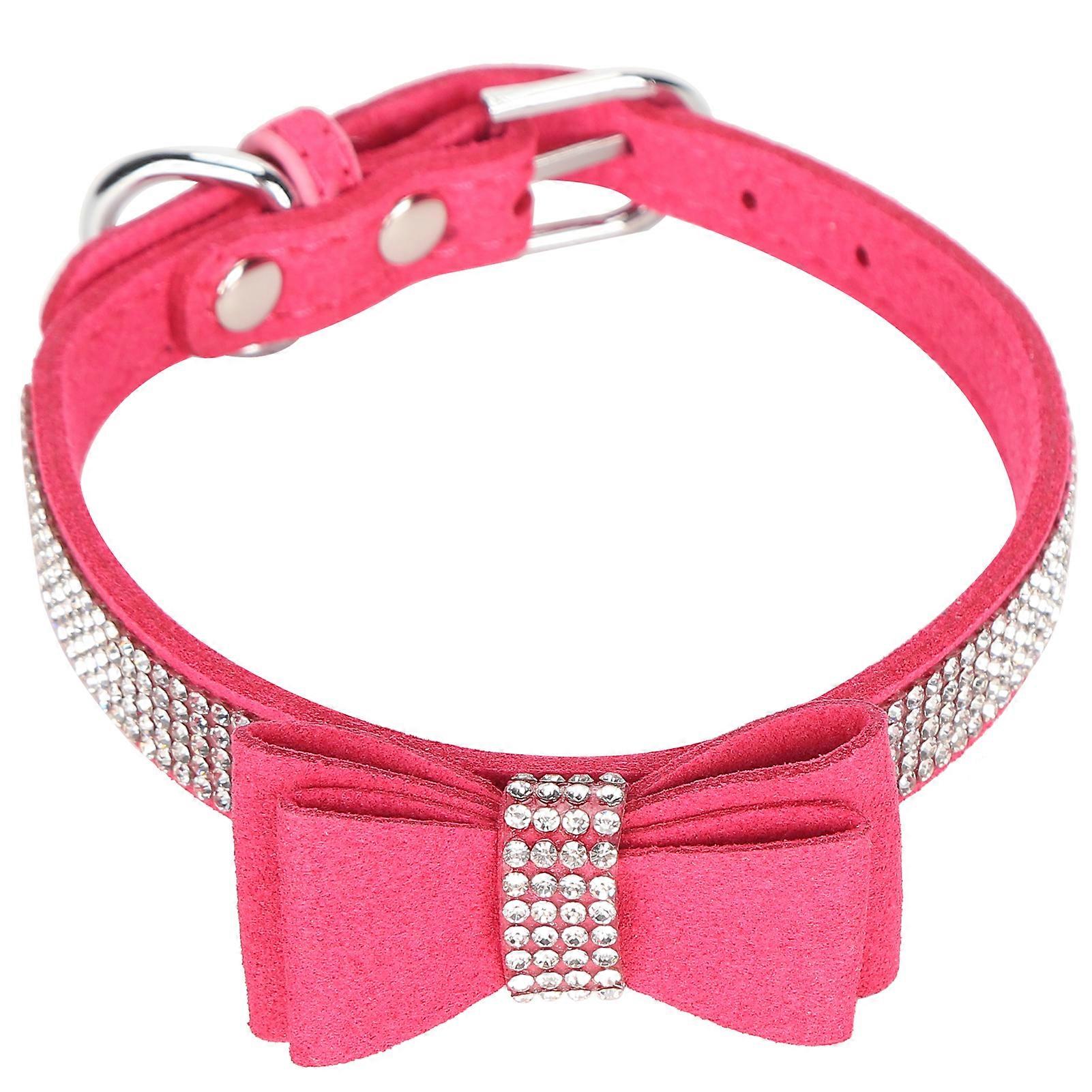 ローズレッドM 42x2.0cmスエードマイクロファイバーダブルボウノットクリスタルスパークルラインストーンキャットカラーペットサプライ