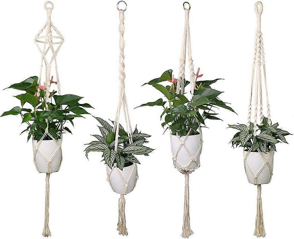Handmade Cotton Ropes Macrame Plant Hangers, 4 Leg Chains For Secure Hanging, Decorative Wood Beads Add A Touch Of Rustic Charm To Your Home Decor