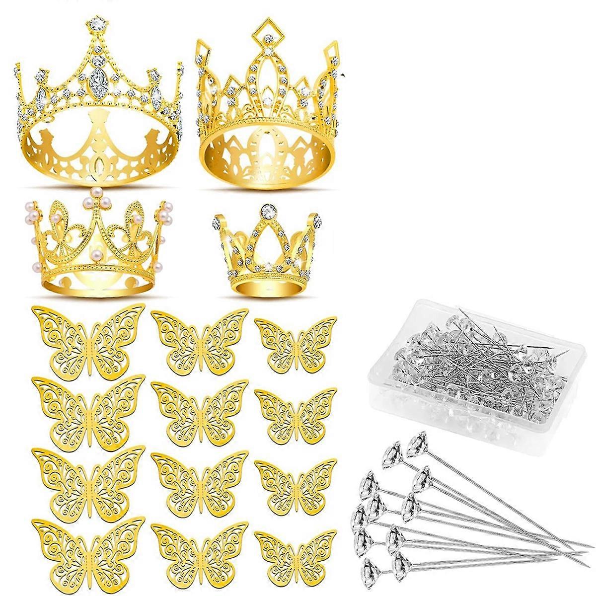 Gold Crowns for Flower Bouquet Accessories, 4 Pcs Cake Crown Topper, 12 Pcs Butterfly Decorations an