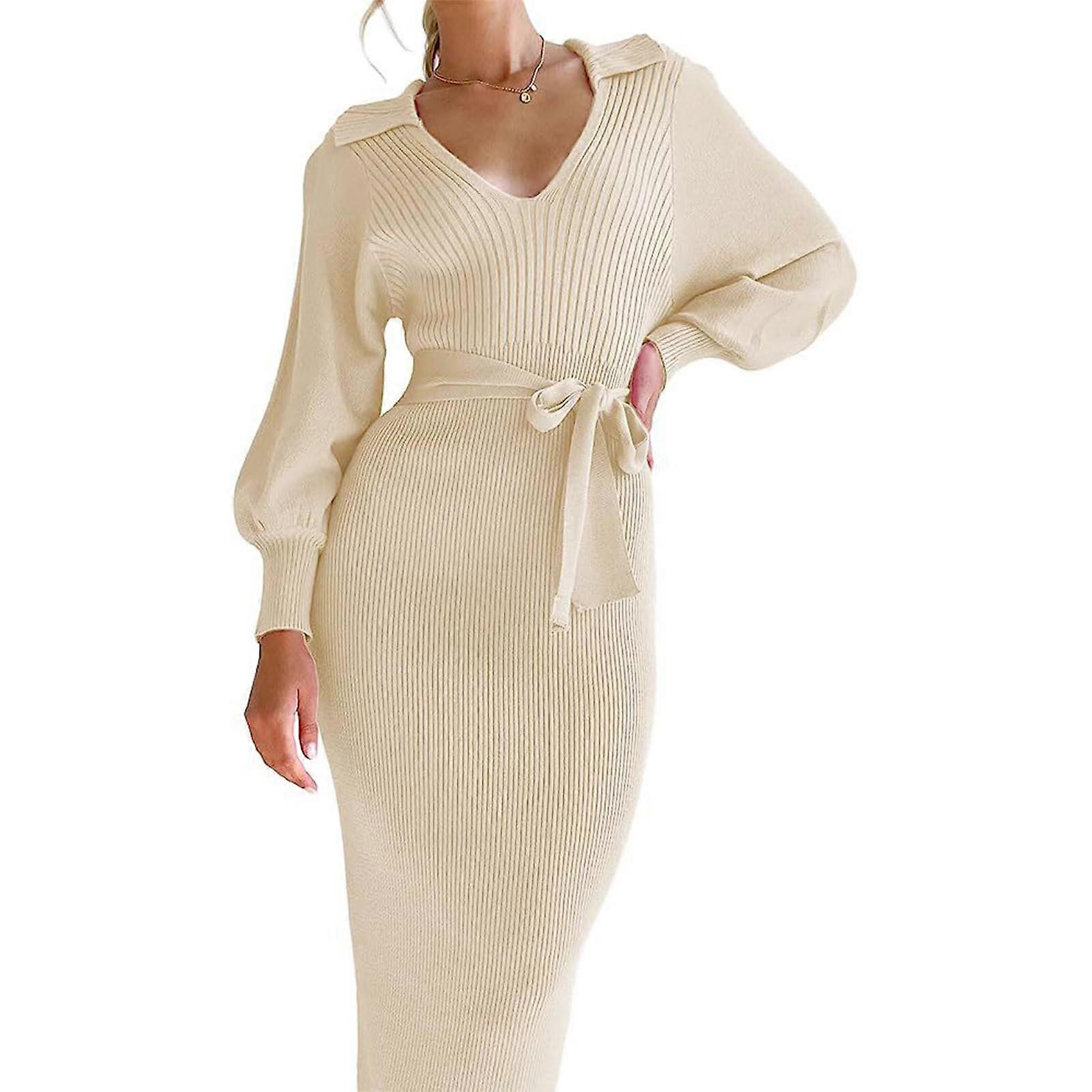 Women Sweater Dress Long Sleeve V Neck Ribbed Knit Bodycon Maxi